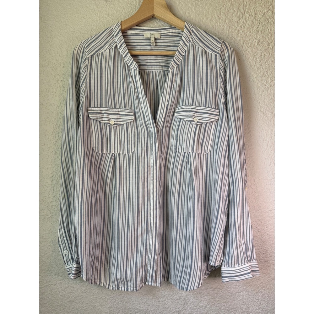 Joie Blue White Striped Cotton Roll Tab Sleeve Blouse Top Small